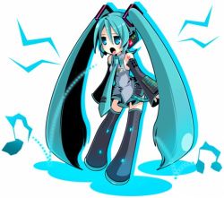 Rule 34 | blue eyes, blue hair, hatsune miku, long hair, lowres, necktie, notes, thighhighs, twintails, vocaloid