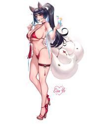 Rule 34 | 1girl, absurdres, ahri (league of legends), animal ear fluff, animal ears, artist name, bare shoulders, bikini, bikini pull, black hair, blue eyes, blush, breasts, cian yo, clothes pull, cocktail, cocktail glass, cup, drinking glass, facial mark, food, fox ears, fox tail, fruit, full body, high heels, highres, holding, holding cup, large breasts, league of legends, lemon, lemon slice, long hair, looking at viewer, multiple tails, open mouth, red bikini, shiny swimsuit, simple background, skindentation, smile, solo, standing, stomach, string bikini, swimsuit, tail, whisker markings, yellow eyes