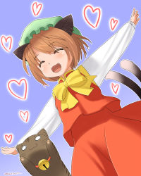Rule 34 | 1girl, :3, animal ears, bad id, bad pixiv id, bell, neck bell, brown hair, cat, cat ears, cat tail, chen, collar, fangs, female focus, from below, happy, hat, heart, jingle bell, multiple tails, okina ika, outstretched arms, short hair, smile, solo, spread arms, tail, touhou