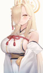 Rule 34 | 1girl, arl, blonde hair, blue archive, blush, breasts, closed mouth, detached sleeves, gold hairband, hair ornament, hair over one eye, hairband, halo, highres, japanese clothes, kaho (blue archive), kimono, large breasts, long hair, looking at viewer, mole, mole under eye, obi, sash, short eyebrows, simple background, smile, solo, upper body, very long hair, white background, white kimono, yellow eyes