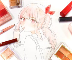Rule 34 | 1other, akiyama mizuki, art tools in frame, blush, bow, finger to mouth, from behind, hair bow, long sleeves, looking back, makeup, parted lips, photo (medium), pink eyes, pink hair, pinky out, project sekai, side ponytail, suiren nei, traditional media