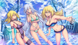 Rule 34 | 3girls, :d, architecture, arm strap, arm under breasts, armpits, bare shoulders, bikini, black choker, black one-piece swimsuit, blonde hair, blue bikini, blue sky, blush stickers, bracelet, breasts, building, choker, cleavage, cloud, cloudy sky, collarbone, covered navel, cowboy shot, dark magician girl, day, duel monster, eyebrows hidden by hair, frilled bikini, frills, gagaga girl, greco-roman architecture, green bikini, green eyes, groin, hair between eyes, halterneck, hand on own cheek, hand on own face, hand on own hip, highleg, highleg bikini, highres, jewelry, large breasts, long hair, looking at viewer, lowleg, lowleg bikini, medium hair, multi-strapped bikini, multiple girls, o-ring, o-ring bikini, one-piece swimsuit, open mouth, parted lips, profile, reaching, reaching towards viewer, red eyes, salar de uyuni, sideboob, sidelocks, signature, silent magician, silver hair, sky, smile, standing, standing on liquid, swimsuit, takecha, thigh strap, tower, yu-gi-oh!