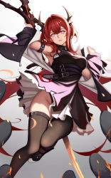 Rule 34 | 1girl, arknights, armpits, black dress, black footwear, black jacket, black thighhighs, breasts, chipped sword, cleavage, commentary, demon horns, detached collar, dress, dydydyok, expressionless, fire, foot out of frame, gradient background, grey background, groin, hair between eyes, hair intakes, highres, holding, holding sword, holding weapon, horns, infection monitor (arknights), jacket, long hair, looking at viewer, medium breasts, no panties, open clothes, open jacket, parted lips, pink eyes, red hair, shoes, simple background, skindentation, sleeveless, sleeveless dress, slit pupils, solo, strap, surtr (arknights), sword, thighhighs, thighs, torn clothes, very long hair, weapon, white background, wing collar, zipper pull tab
