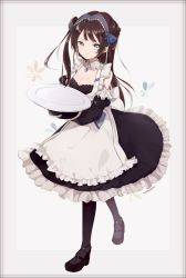 Rule 34 | 1girl, 2018, apron, azur lane, black dress, black footwear, black pantyhose, blue bow, blue eyes, bow, breasts, brown hair, captain yue, cleavage, closed mouth, commentary request, detached sleeves, dress, frilled apron, frilled dress, frills, hair bow, hairband, highres, holding, holding plate, juliet sleeves, long hair, long sleeves, medium breasts, newcastle (azur lane), pantyhose, plate, puffy sleeves, purple hairband, smile, solo, twitter username, two side up, very long hair, white apron