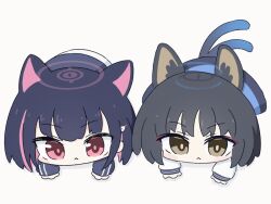 Rule 34 | 2girls, animal ear fluff, animal ears, animated, animated gif, black hair, blue archive, blue halo, blue skirt, cat ears, cat tail, chibi, chibi only, closed mouth, commentary request, fighting stance, gradient tail, halo, imminent pounce, jacket, kazusa (blue archive), kikyou (blue archive), light frown, long sleeves, looking at viewer, medium hair, multicolored hair, multiple girls, multiple tails, no nose, parted bangs, pink hair, pink halo, red eyes, red pupils, shirt, skirt, striped clothes, striped jacket, tail, umihio, vertical-striped clothes, vertical-striped jacket, white shirt, white skirt