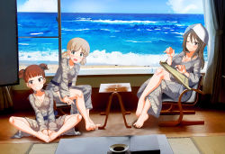 Rule 34 | 3girls, aki (girls und panzer), alternate costume, barefoot, beach, between legs, blonde hair, blunt bangs, blush, breasts, brown hair, chair, cleavage, cloud, crossed legs, curtains, girls und panzer, green eyes, grin, hand between legs, hat, highres, horizon, indoors, instrument, japanese clothes, kantele, kimono, large breasts, looking at viewer, looking away, medium breasts, megadeko, mika (girls und panzer), mikko (girls und panzer), multiple girls, music, obi, ocean, one eye closed, open mouth, photo background, plate, playing instrument, sash, short hair, short twintails, sitting, sky, small breasts, smile, table, tatami, twintails, two side up, waves, window, wooden floor, yukata