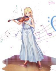 Rule 34 | 1girl, absurdres, artist name, bare arms, bare shoulders, beamed eighth notes, blonde hair, blue eyes, bow (music), ckui, closed mouth, collarbone, commentary request, dress, eighth note, full body, hair ornament, hairclip, highres, holding, holding instrument, holding violin, huge filesize, instrument, long dress, long hair, looking at viewer, miyazono kawori, music, musical note, playing instrument, quarter note, school uniform, see-through, shigatsu wa kimi no uso, sleeveless, sleeveless dress, solo, standing, violin, white dress, wooden floor