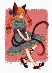 Rule 34 | 1girl, :3, :p, absurdres, adapted costume, animal ears, black bow, black footwear, black ribbon, blush, border, bow, braid, cat ears, cat tail, dress, extra ears, frills, full body, green dress, hair bow, hair ribbon, high heels, highres, kaenbyou rin, leg ribbon, long hair, mew3mew3mew, multiple tails, nail polish, nekomata, outside border, petticoat, puffy short sleeves, puffy sleeves, red background, red eyes, red hair, red nails, ribbon, short sleeves, simple background, slit pupils, solo, tail, tongue, tongue out, touhou, tress ribbon, twin braids, twintails, two tails, white border