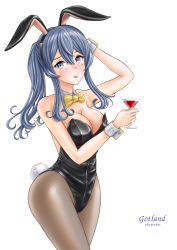 Rule 34 | 1girl, absurdres, alternate costume, animal ears, black leotard, blue eyes, blue hair, bow, bowtie, breasts, cocktail glass, cup, detached collar, drinking glass, fake animal ears, fake tail, gotland (kancolle), highleg, highleg leotard, highres, holding, holding cup, kantai collection, leotard, long hair, medium breasts, mole, mole under eye, pantyhose, playboy bunny, ponytail, rabbit ears, rabbit tail, sidelocks, skypixter, solo, strapless, strapless leotard, tail, wrist cuffs, yellow bow, yellow bowtie