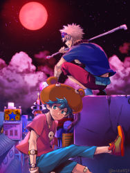 Rule 34 | 2boys, alternate costume, bad id, bad pixiv id, bakugou katsuki, bandaged arm, bandages, black shirt, blue eyes, boku no hero academia, building, commentary request, copyright request, foot up, freckles, frown, full moon, goggles, goggles on head, green footwear, green hair, green pants, hamster hat, holding, holding weapon, jewelry, looking at viewer, male focus, midoriya izuku, moon, multiple boys, necklace, night, orange shirt, outdoors, pants, red moon, red pants, sad, shirt, shoes, sitting, skull necklace, sky, sneakers, spiked hair, squatting, star (symbol), t-shirt, tonomayo, twitter username, watch, weapon, wristwatch, yellow footwear