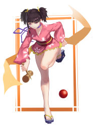 Rule 34 | 10s, 1girl, absurdres, black hair, blunt bangs, choker, closed mouth, feet, floral print, flower, frills, from above, full body, geta, hair ribbon, highres, holding, japanese clothes, kendama, kimono, koutetsujou no kabaneri, leaning forward, long sleeves, looking at viewer, marchtl7, mumei (kabaneri), no socks, obi, orb, playing, purple flower, purple rose, red eyes, ribbon, ribbon choker, rose, sandals, sash, shade, short kimono, sidelocks, smile, solo, standing, standing on one leg, toy, twintails, wide sleeves
