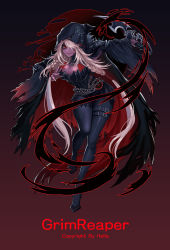 Rule 34 | 1girl, belt, belt buckle, blonde hair, blood, blood on clothes, blood on face, boots, braid, breasts, buckle, chain, cleavage, dagger, dungeon and fighter, evil smile, fingerless gloves, floral print, flower, garter belt, gloves, gradient background, hair over one eye, hella p, highres, holding, holding dagger, holding knife, holding weapon, hood, jewelry, knife, knife sheath, leather, leather boots, long hair, multiple rings, pink gloves, red eyes, red lips, ring, rose, rose print, shaded face, shadow dancer (dungeon and fighter), sheath, smile, solo, spikes, standing, thief (dungeon and fighter), torn clothes, weapon