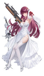 1girl absurdres armpits black_hair breasts bridal_veil bullpup cleavage commentary cryturtle dress elbow_gloves full_body garter_straps girls&#039;_frontline gloves gun hair_ribbon hand_up highres instrument large_breasts long_hair looking_at_viewer purple_hair red_eyes ribbon rifle side_slit sniper_rifle solo strapless strapless_dress symbol-only_commentary thighhighs veil violin wa2000_(girls&#039;_frontline) walther walther_wa_2000 weapon wedding_dress white_background white_dress white_gloves white_thighhighs