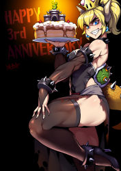 Rule 34 | 1girl, anniversary, bare shoulders, black footwear, black gloves, black leotard, blonde hair, blue eyes, bowsette, breasts, bridal gauntlets, cake, collar, commentary, crown, earrings, elbow gloves, english commentary, english text, food, gloves, grin, hand on own thigh, high heels, highres, holding, horns, jewelry, large breasts, leotard, looking at viewer, mario (series), monster girl, muscular, muscular female, new super mario bros. u deluxe, nintendo, ponytail, ryuusei (mark ii), sharp teeth, shoes, short hair, simple background, smile, solo, spiked collar, spiked shell, spiked tail, spikes, super crown, tail, teeth, thick eyebrows, thighhighs, turtle shell