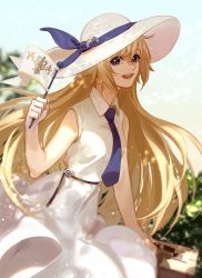 Rule 34 | 1girl, :d, bare arms, bare shoulders, blonde hair, blue eyes, blue necktie, blue ribbon, chiizu namasu, commentary request, cowboy shot, dress, fate/grand order, fate (series), flag, hair between eyes, hair ribbon, hand up, hat, highres, holding, holding flag, jeanne d&#039;arc (fate), jeanne d&#039;arc (girl from orleans) (fate), long hair, looking at viewer, necktie, open mouth, ribbon, sleeveless, sleeveless dress, smile, solo, sun hat, very long hair, white dress, white hat