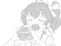 Rule 34 | 1girl, ahoge, bare shoulders, blush, burger, cat hair ornament, closed eyes, collarbone, commentary request, food, greyscale, hair between eyes, hair ornament, hands up, highres, holding, holding food, hololive, monochrome, natsuiro matsuri, natsuiro matsuri (1st costume), okota mikan, open mouth, side ponytail, simple background, sketch, solo, teeth, upper body, upper teeth only, virtual youtuber, white background