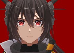 Rule 34 | 1girl, black hair, commentary request, dirty, dirty face, hair between eyes, headgear, high collar, highres, kantai collection, long hair, looking at viewer, machi (ritovoyage), nagato (kancolle), nagato kai ni (kancolle), portrait, red background, red eyes, simple background, solo