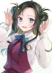 Rule 34 | 1girl, absurdres, ahoge, black hair, blue ribbon, blush, breasts, commentary request, double bun, dress, green hair, grey eyes, hair bun, hair ornament, hairclip, highres, huge filesize, kantai collection, long hair, long sleeves, makinami (kancolle), multicolored hair, neck ribbon, open mouth, purple dress, ribbon, school uniform, shirt, simple background, solo, upper body, wavy hair, white background, white shirt, yunamaro