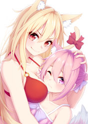 Rule 34 | 1girl, ;(, absurdres, animal ear fluff, animal ears, asymmetrical docking, bare shoulders, bikini, blonde hair, bow, breast press, breasts, cat ears, cat girl, cat tail, collarbone, fox ears, fox tail, from side, grin, hair between eyes, highres, large breasts, long hair, ochiai miyabi, original, pink eyes, pink hair, red bikini, red eyes, simple background, smile, solo, swimsuit, tail, tail bow, tail ornament, white background