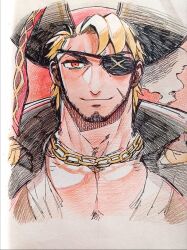 Rule 34 | 1boy, bara, beard, blonde hair, chain necklace, chinstrap beard, coat, coat on shoulders, colored pencil (medium), cropped torso, eugene kidd, eyepatch, full beard, hat, highres, hiwen-d, jewelry, large pectorals, looking at viewer, male focus, mature male, muscular, muscular male, necklace, original, pectorals, photo (medium), pirate, pirate hat, red eyes, short hair, smile, solo, straight-on, traditional media