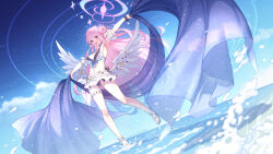 Rule 34 | 1girl, angel wings, armpits, bikini, blue archive, blush, breasts, cleavage, crescent, crescent pin, day, feathered wings, hair bun, halo, highres, large breasts, long hair, looking at viewer, mika (blue archive), open mouth, outdoors, pink hair, pink halo, sandals, single side bun, smile, solo, swimsuit, toes, twitter username, water, white bikini, white wings, wings, yellow eyes, yellowpaint.