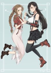Rule 34 | 2girls, :d, aerith gainsborough, artist name, belt, belt buckle, black gloves, black skirt, black thighhighs, blue background, boots, bow, braid, braided ponytail, breasts, brown footwear, brown hair, buckle, collarbone, commentary, crop top, cropped jacket, curious, dress, elbow gloves, elbow pads, final fantasy, final fantasy vii, fingerless gloves, fingernails, from side, full body, gloves, green eyes, hair bow, hair ribbon, highres, holding hands, interlocked fingers, jacket, long hair, low-tied long hair, medium breasts, midriff, multiple girls, nagon, open mouth, parted bangs, pink bow, pink ribbon, red eyes, red footwear, red jacket, ribbon, short sleeves, skirt, smile, suspender skirt, suspenders, swept bangs, symbol-only commentary, tank top, teeth, thighhighs, thighs, tifa lockhart, twitter username, upper teeth only, white dress, white tank top, zettai ryouiki