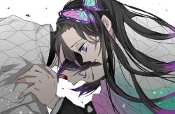 Rule 34 | 1-bard, 2girls, black hair, blood, blood from mouth, butterfly hair ornament, closed mouth, colored tips, commentary request, crying, crying with eyes open, demon slayer uniform, hair ornament, hand on another&#039;s shoulder, haori, japanese clothes, kimetsu no yaiba, kochou kanae, kochou shinobu, long hair, long sleeves, multicolored hair, multiple girls, parted bangs, purple eyes, purple hair, short hair, siblings, sidelocks, simple background, sisters, tears, very long hair, white background, wide sleeves, worried