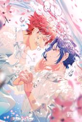 Rule 34 | 2boys, 5700083340, absurdres, black hair, blue hair, bubble, cherry blossoms, closed eyes, collarbone, crossed arms, diffraction spikes, film grain, floating hair, fly away (idolish7), highres, holding hands, idolish7, izumi iori, long sleeves, looking at another, male focus, multiple boys, nanase riku, open mouth, petals, profile, red eyes, red hair, shirt, short hair, sleeve cuffs, sparkle, underwater, white shirt