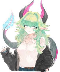 Rule 34 | 1girl, bad id, bad twitter id, belt, black jacket, blue eyes, blue nails, blue pants, breast pocket, closed mouth, collared shirt, denim, dragon horns, dragon tail, fingernails, green hair, hair intakes, horns, jacket, jeans, looking at viewer, nail polish, original, pants, pocket, pointy ears, shirt, sleeves past wrists, slit pupils, smile, solo, standing, suisogenshi, tail, white shirt, wing collar
