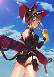 Rule 34 | 1girl, ass, bag, belt, black choker, black headwear, black one-piece swimsuit, blue sky, blush, bracelet, breasts, brown hair, choker, closed mouth, cloud, cowboy shot, day, drinking straw, food, from behind, highres, holding, holding bag, ice cream, jewelry, long sleeves, looking at viewer, looking back, medium breasts, one-piece swimsuit, orange eyes, original, outdoors, rwael, short hair, sidelocks, sky, solo, star (symbol), swimsuit, thigh strap, thighs, walkie-talkie