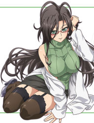 Rule 34 | 10s, 1girl, breasts, female focus, glasses, green eyes, hasegawa chisato, large breasts, long hair, looking at viewer, mole, official art, ookuma nekosuke, open mouth, shinmai maou no testament, simple background, sitting, skirt, smile, solo, striped, striped background, sweater, thighhighs