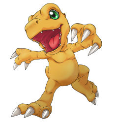 Rule 34 | agumon, claws, creature, digimon, digimon (creature), digimon story: cyber sleuth, green eyes, no humans, official art, open mouth, sharp teeth, simple background, smile, solo, teeth, tongue, yasuda suzuhito