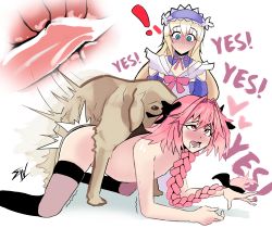Rule 34 | 3boys, @ @, artist request, astolfo (fate), bestiality, chevalier d&#039;eon (fate), cum, cum in ass, dog, doggystyle, english text, esgarot iv, fate/grand order, fate (series), highres, male focus, multiple boys, nude, sex, sex from behind, trap, yaoi