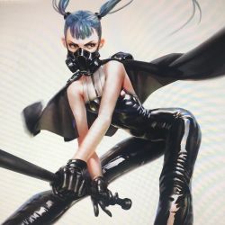 Rule 34 | 1girl, baseball bat, bent over, black cape, black gloves, blue hair, bodysuit, breasts, cape, cowboy shot, crazy bevi, dcwj, from below, gas mask, gloves, halterneck, highres, holding, holding weapon, latex, latex bodysuit, long hair, mask, petite, shiny clothes, skin tight, sleeveless, small breasts, solo, tokyo rogue, twintails, weapon