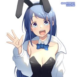 Rule 34 | 1girl, animal ears, black leotard, blue bow, blue bowtie, blue eyes, blue hair, bow, bowtie, breasts, commentary request, detached collar, gradient hair, jacket, kantai collection, leotard, long hair, looking at viewer, m.a.o, multicolored hair, one-hour drawing challenge, partial commentary, playboy bunny, rabbit ears, samidare (kancolle), small breasts, smile, solo, strapless, strapless leotard, swept bangs, teeth, upper body, upper teeth only, very long hair, waving, white jacket