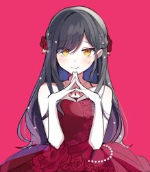 Rule 34 | 1girl, aozora ni negau your happiness! (project sekai), black hair, blue hair, blush, braid, closed mouth, colored inner hair, dress, flower, hair flower, hair ornament, long hair, multicolored hair, nervous smile, pink background, project sekai, red dress, shiraishi an, simple background, smile, solo, sweat, waka (wk4444), yellow eyes
