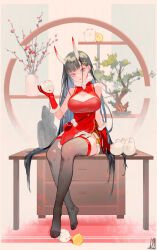 Rule 34 | 1girl, animal, azur lane, black hair, blue hair, bonsai, breasts, colored inner hair, desk, dm (dai miao), dress, full body, gloves, hair ornament, hairclip, highres, holding, holding animal, horns, large breasts, long hair, looking at viewer, multicolored hair, no shoes, noshiro (azur lane), on desk, oni horns, parted lips, plant, potted plant, purple eyes, rabbit, red dress, red gloves, sitting, solo, thighhighs, turtleneck, turtleneck dress, very long hair, x hair ornament