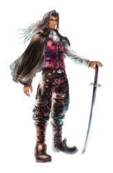 Rule 34 | 1boy, blade, boots, brown eyes, brown hair, cape, clothes, dunban (xenoblade), facial hair, full body, highres, long hair, looking at viewer, male focus, nintendo, official art, pants, shirt, shoes, simple background, smile, solo, standing, sword, weapon, xenoblade chronicles (series), xenoblade chronicles 1, xenoblade chronicles (series)