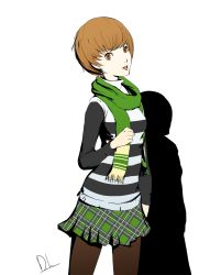 Rule 34 | 1girl, black pantyhose, brown eyes, brown hair, commentary, cosplay, dh (brink of memories), female protagonist (persona 3) (cosplay), official style, pantyhose, persona, persona 3, persona 3 portable, persona 4, plaid, plaid skirt, satonaka chie, scarf, shadow, shiomi kotone, shiomi kotone (cosplay), short hair, signature, skirt, solo, striped clothes, striped sweater, sweater, white background