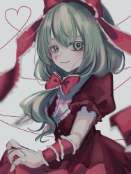Rule 34 | 1girl, absurdres, artist name, bow, breasts, brown dress, closed mouth, collared dress, commentary request, dress, eyes visible through hair, frills, green eyes, green hair, grey background, hair between eyes, hair bow, hand up, heart, heart of string, highres, kagiyama hina, looking away, medium breasts, medium hair, one-hour drawing challenge, puffy short sleeves, puffy sleeves, red bow, red dress, roserose626, short sleeves, simple background, smile, solo, standing, touhou