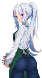 Rule 34 | 1girl, :o, absurdres, alternate costume, apron, ass, bad id, bad pixiv id, blouse, blue hair, blunt bangs, book, collared shirt, denim, from behind, hair behind ear, highres, holding, holding book, huge ass, jeans, lize helesta, long hair, multicolored hair, nenehotoso, nijisanji, pants, ponytail, purple eyes, shirt, simple background, solo, streaked hair, very long hair, virtual youtuber, white background, white hair, white shirt