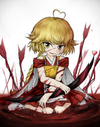 Rule 34 | 1other, androgynous, antenna hair, apron, armor, arrow (projectile), bare legs, blonde hair, blood, blood drop, blood on arm, blood on clothes, blood on face, blood on leg, bow (weapon), braid, breastplate, buttons, cape, collared socks, commentary request, crossed arms, detached sleeves, full body, heart, heart antenna hair, heart in eye, highres, holding, holding bow (weapon), holding weapon, japanese clothes, kimono, kuroda (kurota ne), len&#039;en, long hair, looking at viewer, low twin braids, ooama no ake no mitori, open mouth, other focus, pagoda, pool of blood, red kimono, red sleeves, short kimono, short sleeves, sitting, sitting on liquid, sleeveless, sleeveless kimono, smile, socks, solo, symbol in eye, twin braids, two-sided cape, two-sided fabric, very long hair, waist apron, wariza, weapon, white apron, white background, white cape, white socks, yellow eyes