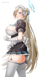 Rule 34 | 1girl, absurdres, apron, asuna (blue archive), blue archive, blue eyes, blush, breasts, elbow gloves, garter straps, gloves, grey hair, halo, headgear, highres, large breasts, looking at viewer, maid, maid apron, maid headdress, mole, mole on breast, saruchitan, sideboob, skin tight, skindentation, skirt, smile, thighhighs, thighs, white gloves, white thighhighs