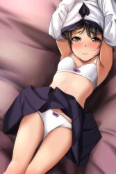 Rule 34 | 1girl, absurdres, armpits, arms up, bed sheet, black hair, blush, bow, bow bra, bow panties, bra, breasts, brown eyes, closed mouth, clothes lift, highres, looking at viewer, lying, matsunaga kouyou, nose blush, on back, original, panties, pleated skirt, purple skirt, shirt, skirt, skirt lift, small breasts, solo, underwear, undressing, white bra, white panties, white shirt