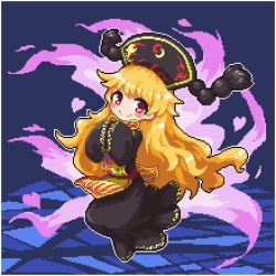 Rule 34 | 1girl, black dress, blush stickers, chinese clothes, closed mouth, commentary request, crescent, dress, fox tail, full body, hat, heart, junko (touhou), kumamoto (bbtonhk2), long hair, long sleeves, looking at viewer, lowres, orange hair, own hands together, pixel art, red eyes, smile, solo, tabard, tail, touhou