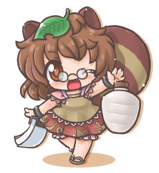 1girl animal_ears brown_eyes brown_hair chibi fang futatsuiwa_mamizou glasses gourd leaf leaf_on_head lowres notebook object_on_head onmitsu_doushin_a open_mouth pince-nez raccoon_ears raccoon_tail sandals smile tail touhou waving wink