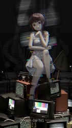 Rule 34 | 1girl, absurdres, bare shoulders, brown eyes, brown hair, camisole, collarbone, dress, english text, full body, glitch, hair ornament, hands up, highres, iwakura lain, longwatry, mary janes, no socks, serial experiments lain, shoes, short hair, single sidelock, sitting, solo, static, television, test card, white camisole, white dress, x hair ornament