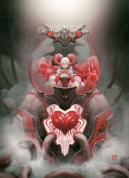 Rule 34 | 1girl, alice in wonderland, artist logo, bare shoulders, cannon, character design challenge, circling text, closed mouth, cockpit, commentary, concept art, corset, crown, curled horns, demon horns, dome, elbow gloves, english commentary, english text, flower, forward facing horns, frown, glass dome, gloves, heart, highres, horns, industrial pipe, lips, machine, machinery, mecha, mechanical parts, medium bangs, medium hair, melting heart, original, ornate, outdoors, own hands together, puffy sleeves, queen of hearts (alice in wonderland), red eyes, red gloves, red horns, rivenline, robot, rose, steam, steampunk, straight-on, vehicle focus, white hair