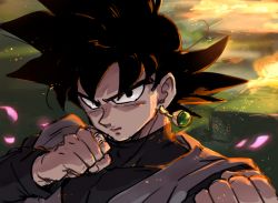 Rule 34 | 10s, 1boy, black eyes, black hair, clenched hands, dougi, dragon ball, dragon ball super, earrings, fire, goku black, green background, jewelry, lightning, looking at viewer, male focus, petals, ring, short hair, simple background, solo, solo focus, sparks, spiked hair, tkgsize