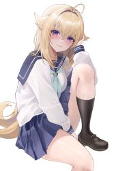 1girl ahoge black_shoes black_socks blonde_hair blue_neckerchief blue_sailor_collar blue_skirt bow breasts closed_mouth commentary_request hair_between_eyes hair_flaps hair_intakes hand_up highres knee_up koshi_torako loafers long_hair long_sleeves looking_at_viewer medium_breasts neckerchief pleated_skirt puffy_long_sleeves puffy_sleeves purple_eyes sailor_collar school_uniform serafuku shikanoko_nokonoko_koshitantan shirt shoes simple_background sitting skindentation skirt socks solo suou-sensei v-shaped_eyebrows very_long_hair white_background white_shirt